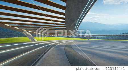 3D Curved floor with mountains leading the viewers eye towards the towering peaks that dominate the horizon 113134441