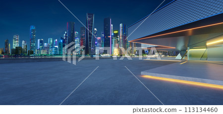 3D Modern cityscape with illuminated skyscrapers at twilight 3D Modern cityscape with illuminated skyscrapers at twilight 113134460