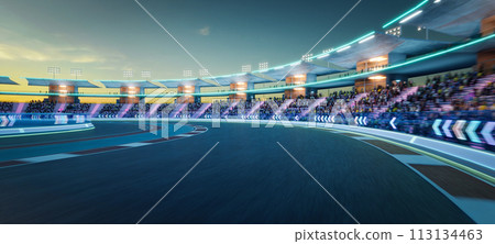 3D Illuminated race track stadium at dusk 113134463