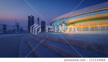 3D Illuminated large building in city center 113134468