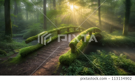 Moss covered wooden bridge path in a tranquil forest Moss covered wooden bridge path in a tranquil forest 113134902