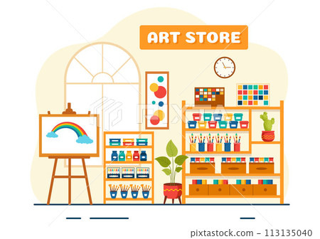 Art Store Vector Illustration with Painting Supplies Store Accessories and Tools for Drawing, Artists and Designers on Flat Cartoon Background 113135040