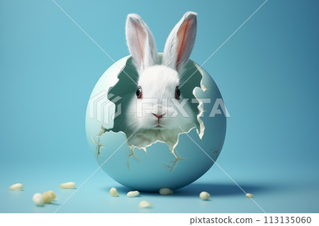 Minimal creative pastel Easter concept, painted pastel, half cracked egg with little white rabbit inside. A symbol of spring holidays Minimal creative pastel Easter concept, painted pastel, half cracked egg with little white rabbit inside. A symbol of spring holidays 113135060