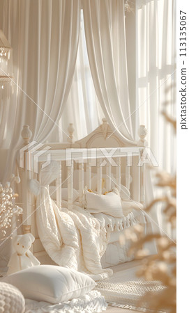 A bedroom with wood crib, white curtains, and cozy bed A bedroom with wood crib, white curtains, and cozy bed 113135067