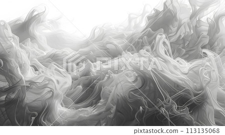Closeup of grey smoke, resembling wool or fur, against white background Closeup of grey smoke, resembling wool or fur, against white background 113135068