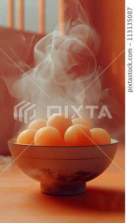 A dish of steaming eggs on a table, a staple food for breakfast A dish of steaming eggs on a table, a staple food for breakfast 113135087