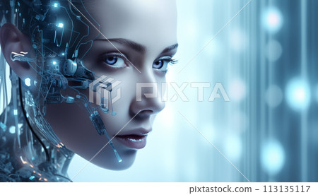 Close-up portrait of an android girl. 113135117