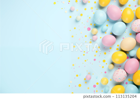 Easter decor concept. Top view photo of yellow pink blue easter eggs and sprinkles on isolated pastel blue background with blank space in the middle 113135204