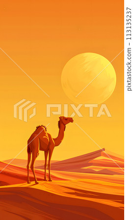 Camel in desert at sunset, a beautiful natural landscape Camel in desert at sunset, a beautiful natural landscape 113135237
