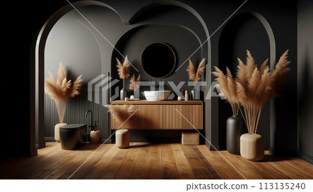 Interior of a modern dark bathroom featuring black walls and a wooden floor, creating a bold and sophisticated atmosphere 113135240