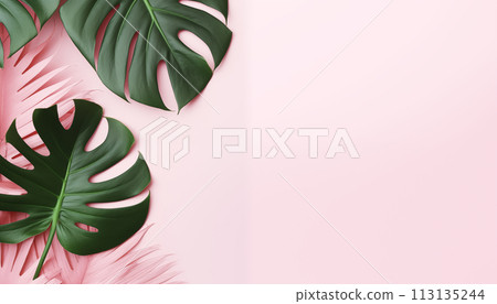 Tropical leaves on a pink background Tropical leaves on a pink background 113135244
