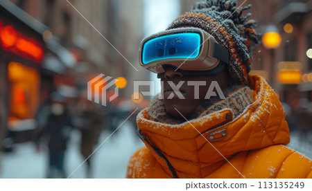 A man in VR glasses on a city street. A man in VR glasses on a city street. 113135249