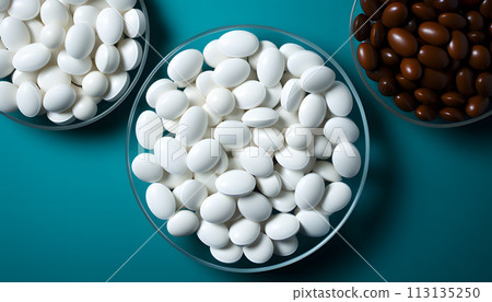 White pills on blue background White pills on blue background 113135250