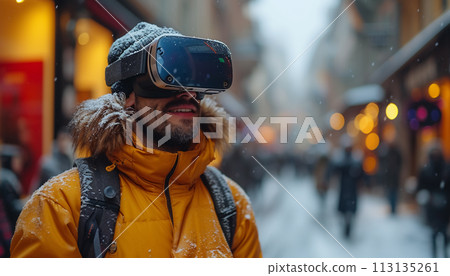 A man in VR glasses on a city street. 113135261