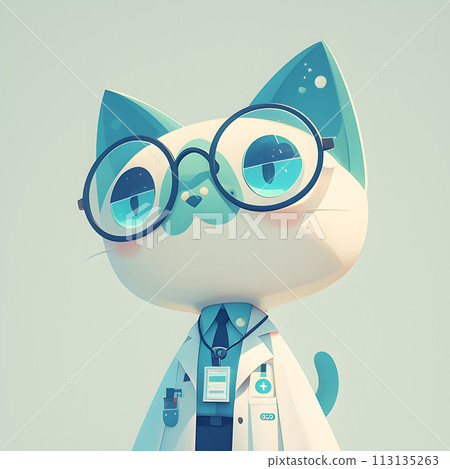 A cartoon cat in glasses and a lab coat focusing on vision care A cartoon cat in glasses and a lab coat focusing on vision care 113135263