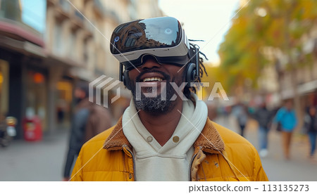 A man in VR glasses on a city street. A man in VR glasses on a city street. 113135273