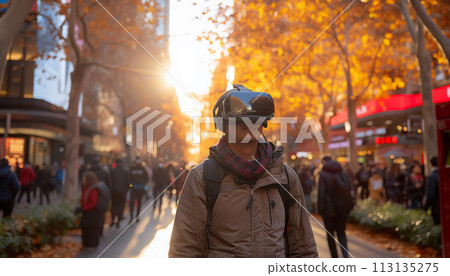 A man in VR glasses on a city street. 113135275