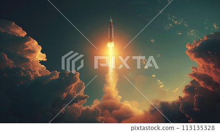 A rocket pierces through the cumulus clouds in the sky 113135328