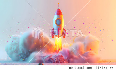 A rocket is soaring through the sky, spewing gas and flame 113135436