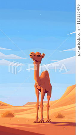 A camel roams the vast desert landscape under a clear blue sky 113135479