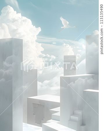 A bird soars above urban landscape with skyscrapers and cumulus clouds A bird soars above urban landscape with skyscrapers and cumulus clouds 113135490