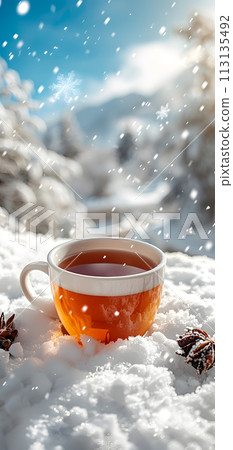 Amber tea cup on snowy surface, drinkware holding liquid in wintry scene Amber tea cup on snowy surface, drinkware holding liquid in wintry scene 113135492