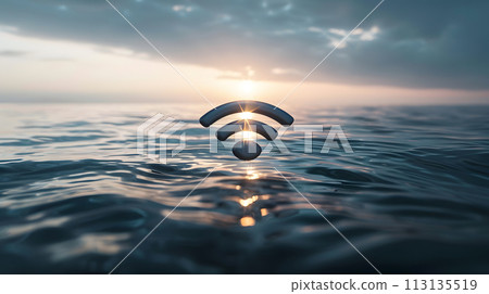 A wifi symbol hovers above the oceans horizon amidst vast natural landscape 113135519
