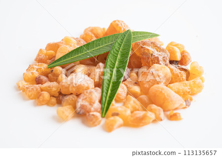 Frankincense or olibanum aromatic resin isolated on white background used in incense and perfumes. Frankincense or olibanum aromatic resin isolated on white background used in incense and perfumes. 113135657