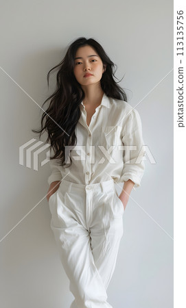 Woman in white shirt and pants standing in front of white wall Woman in white shirt and pants standing in front of white wall 113135756