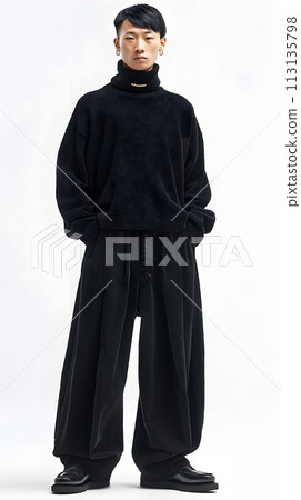 A man in formal wear with a black sweater and pants, hands in pockets 113135798
