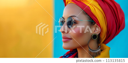 Woman in turban and sunglasses stands against yellow and blue wall 113135815