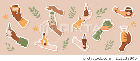 Hand holds natural beauty product sticker pack, minimal cleansing cosmetic label set, isolated eco skin care oil tube, cartoon moisturizing skincare cream bottle patch collection, vector illustration. 113135909