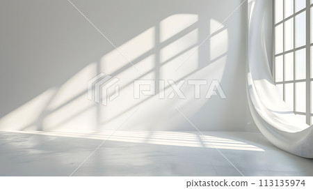 A white room with a window, shadow, and wood fixture A white room with a window, shadow, and wood fixture 113135974