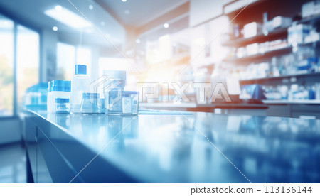 The blurred abstract background of the pharmacy. 113136144