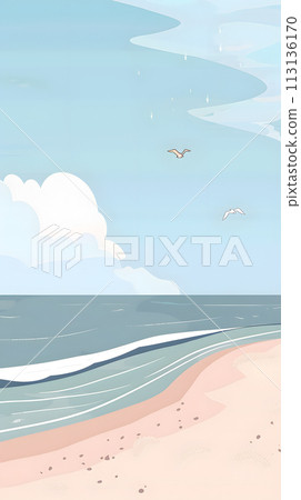 Cartoon beach scene with waves, birds, and cumulus clouds in the sky 113136170
