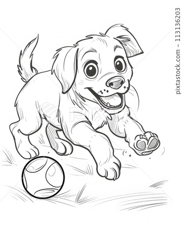 Cartoon style black and white drawing of a happy dog chasing a ball 113136203