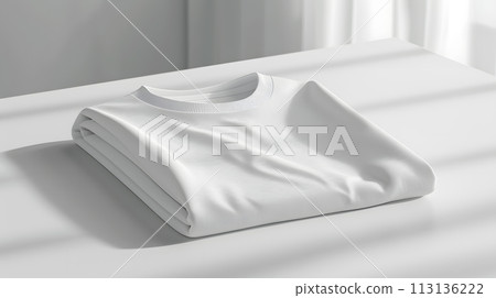 Comfortable grey tshirt folded neatly on a sleek white table Comfortable grey tshirt folded neatly on a sleek white table 113136222