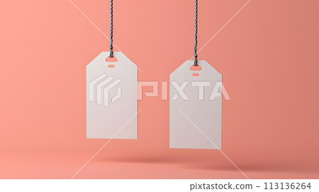 White tags on a pink background, hanging from a string White tags on a pink background, hanging from a string 113136264
