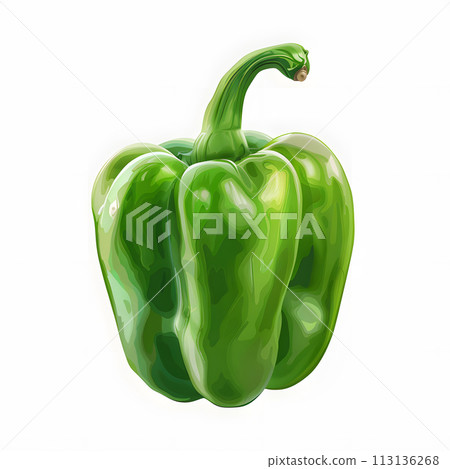 Green bell pepper with a lengthy stem on a white backdrop Green bell pepper with a lengthy stem on a white backdrop 113136268