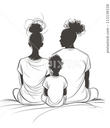 a black and white drawing of two women and a child sitting next to each other a black and white drawing of two women and a child sitting next to each other 113136338