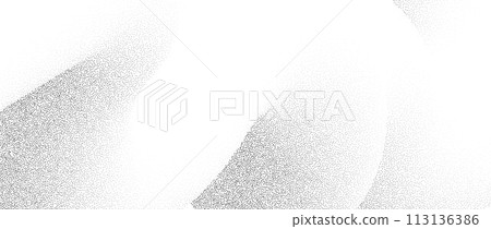 Stippled wavy sand grain background. Grunge curved gradient wave. Grit noise dot work wallpaper. Black dots, speckles, particles or granules texture. Vector abstract fluid gritty backdrop overlay 113136386