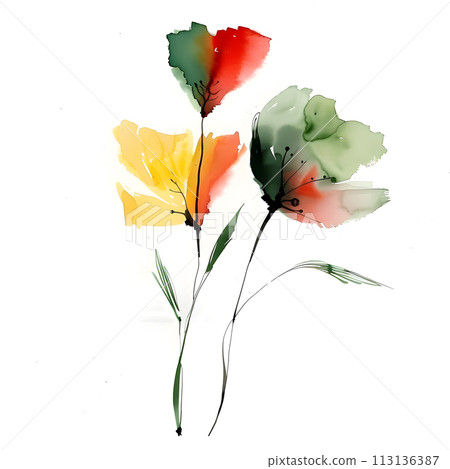 A creative art piece featuring three corn poppy flowers on a white background 113136387