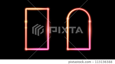 Glow neon rectangle and arch frames. Pink yellow shining borders. Neon light portal doors concept. Gold rectangular and curved arc border with flares. Design element for poster, banner, game. Vector 113136388