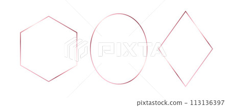 Rose gold thin frames set. Pink gold geometric borders in art deco style. Thin linear diamond, ellipse, hexagon collection. Foil glowing shiny boarder element pack. Vector photo, cadre, decor bundle 113136397