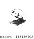 A surfer carves through the liquid canvas on a wave with their surfboard 113136408
