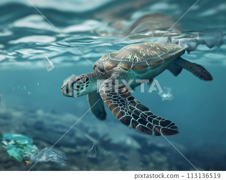 A sea turtle navigates through water cluttered with plastic waste, highlighting environmental concerns 113136519