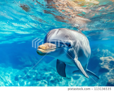 A dolphin gracefully swimming in the clear blue waters A dolphin gracefully swimming in the clear blue waters 113136535