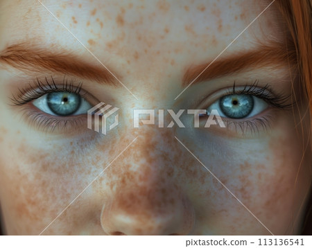 Close-up of a woman's face focusing on her striking blue eyes and the details of her natural beauty Close-up of a woman's face focusing on her striking blue eyes and the details of her natural beauty 113136541