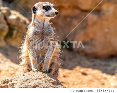 A vigilant meerkat stands on guard, attentively scanning its surroundings in the wild A vigilant meerkat stands on guard, attentively scanning its surroundings in the wild 113136545