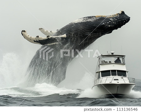 An astonishing moment as a humpback whale leaps high beside a moving boat An astonishing moment as a humpback whale leaps high beside a moving boat 113136546